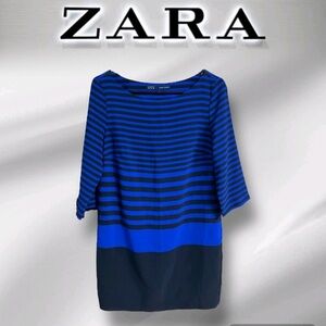 ZARA Stripe striped sz Medium Black Blue 3/4 Sleeve shift dress
